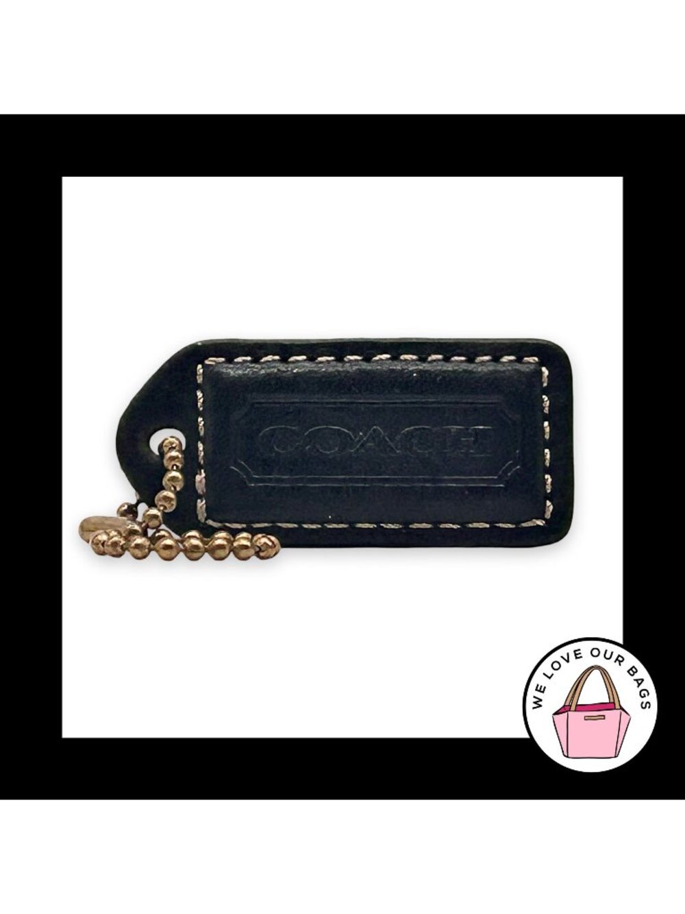 COACH Y2K VINTAGE Hang Tag 2" Black Leather Bag Charm Keychain Fob Antique Brass